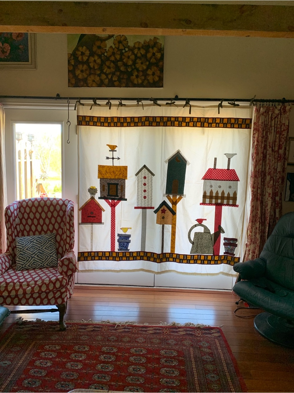 Handmade Birdhouse Panel Curtain in White with Multicolor Appliqué